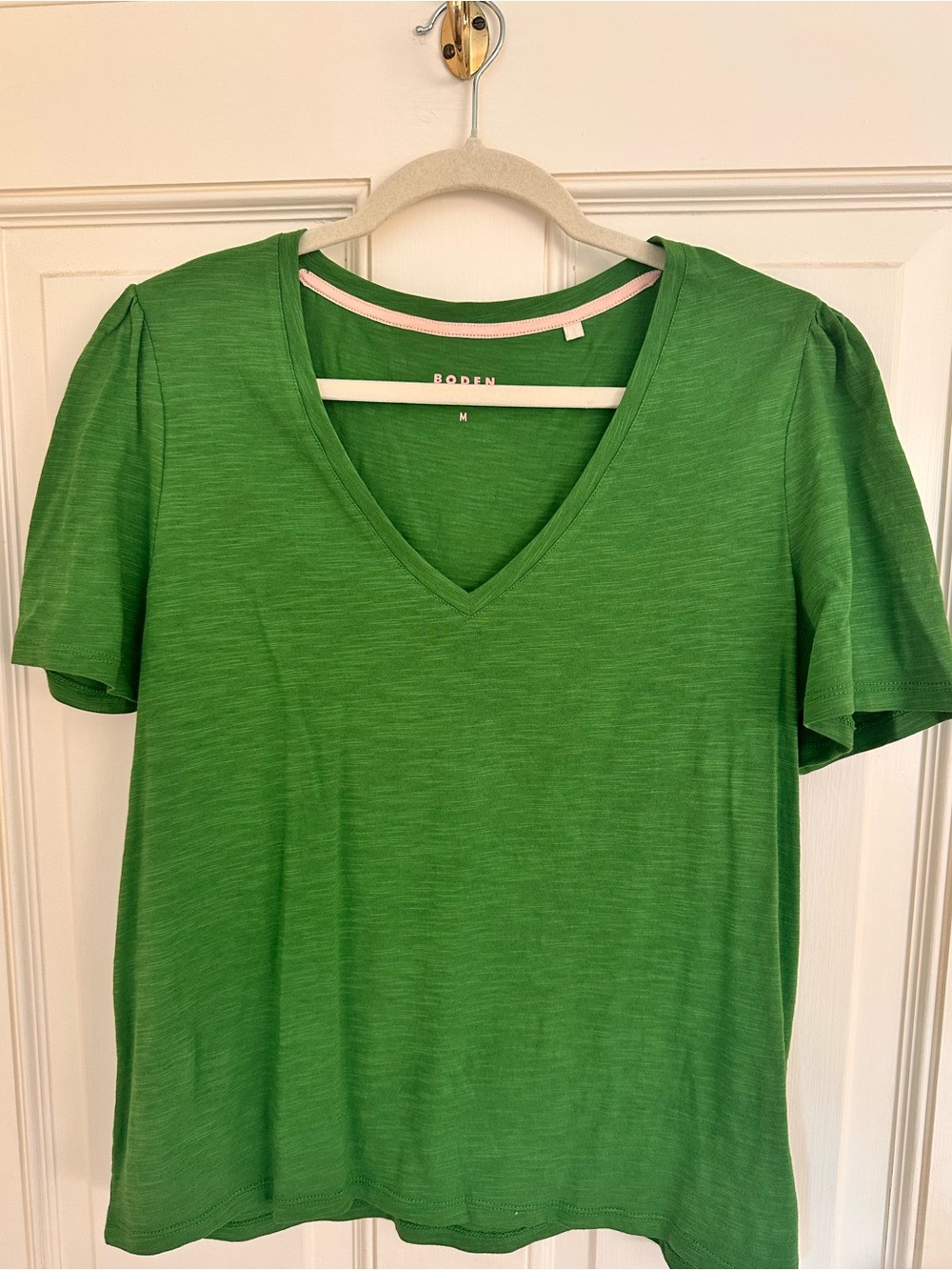 Boden Green Cotton Slub V-Neck Puff Sleeve Tee Shirt Medium Like New